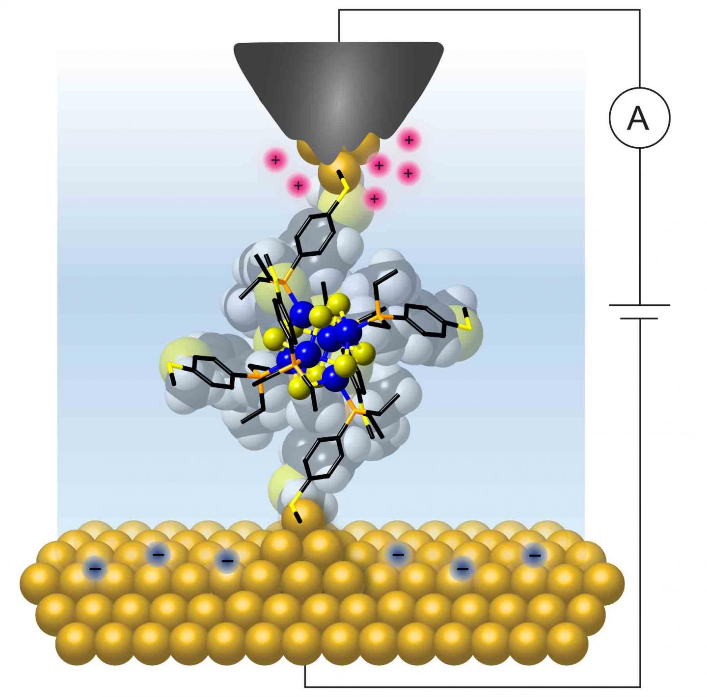 Columbia researchers wired a single molecular cluster to gold electrodes to show that it exhibits a quantized and controllable flow of charge at room temperature. @ Bonnie Choi/Columbia University