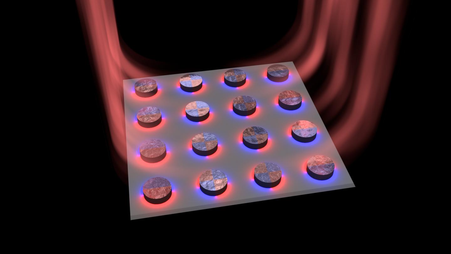 The researchers at Aalto University have made an array of nanoparticles combined with dye molecules to act as a tiny laser. The lasing occurs in a dark mode and the laser light leaks out from the edges of array. CREDIT Antti Paraoanu
