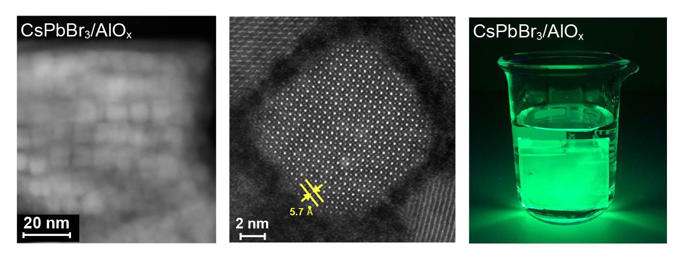 Electron microscopy image of perovskite quantum dots embedded in the protective alumina matrix, and a photograph of the same film stable in water © R. Buonsanti/EPFL