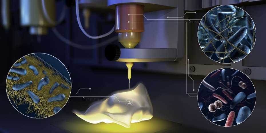 3D printing with a new kind of ink which is containing living bacteria. (Illustration: science animated by Bara Krautz)