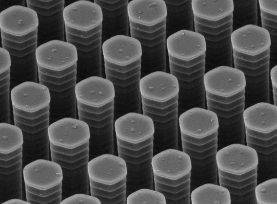 A scanning electron microscope image shows the rigid pillar-like bristles of the FLUENCE rake, which is used to apply light-harvesting polymers to a solar cell. The distance between the pillars is 1 micrometer, about one-hundredth the diameter of a human hair. (Z. Bao et al, Nature Communications)