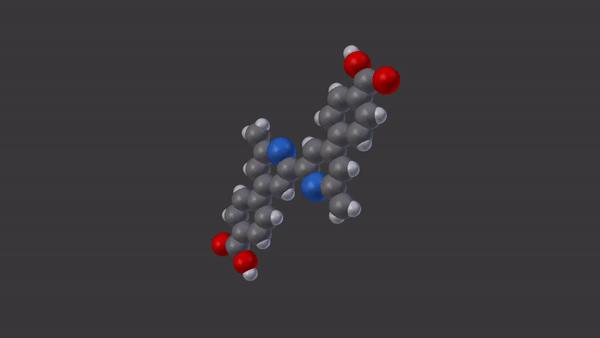 The configuration of the bipyridine molecule is changed by binding an iron atom (brown). The chemical composition of the molecules is the same, but their spatial arrangement and chemical properties are very different. @ University of Basel, Department of Physics