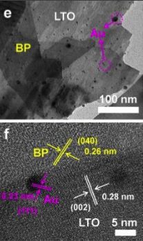 These are electron microscope images of visible-NIR light responsible photocatalyst composed with black phosphorous (BP), lanthanum titanate (LA2Ti2O7, LTO), and gold nanoparticles (Au). @ Zhu M, Cai X, Fujitsuka M, Zhang J, Majima T, Angewandte Chemie: International Edition 56 (2017), doi: 10.1002/anie.201612315