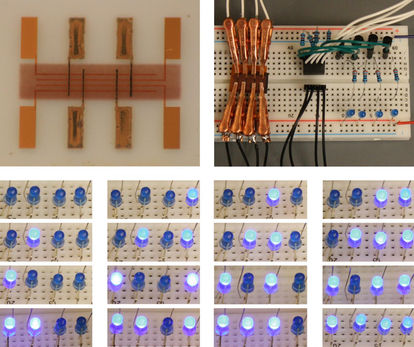 Duke University researchers have developed a new 'spray-on' digital memory (upper left) that could be used to build programmable electronic devices on flexible materials like paper, plastic or fabric. To demonstrate a simple application of their device, they used their memory to program different patterns of four LED lights in a simple circuit. @ Matthew Catenacci