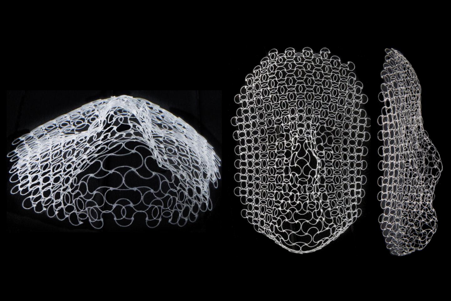 A lattice structure, originally printed flat, has morphed into the outline of a human face after changing the surrounding temperature. Perspective view (left), top view (middle), and side view (right) of transformed lattice, approximately 160mm tall. @ Lori K. Sanders