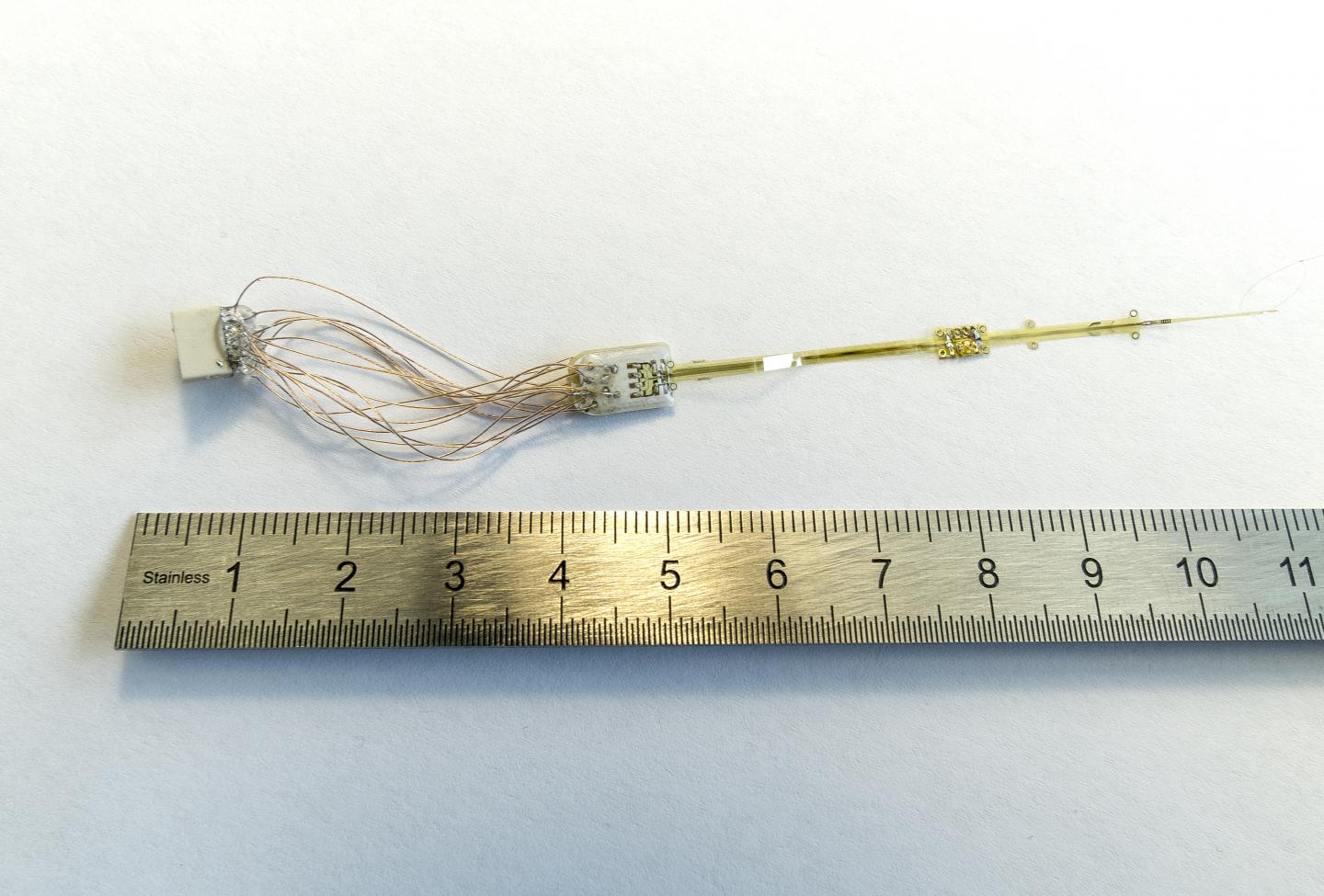 OpticSELINE electrode array for intraneural stimulation of the optic nerve, developed in the Translational Neural Engineering Lab, and used in preliminary studies. @ EPFL / Markus Ding