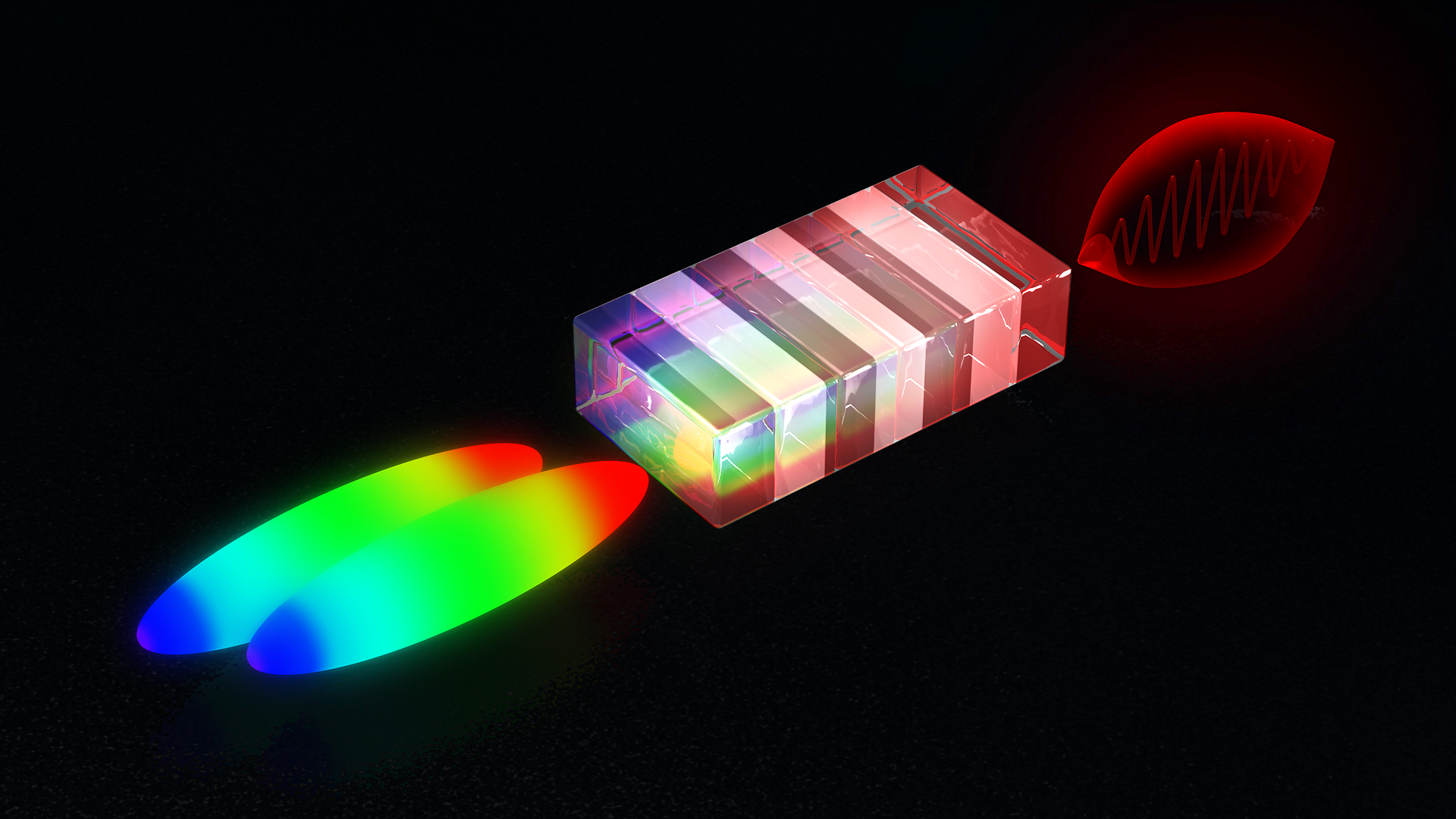 From the colour difference of two slightly delayed laser flashes (left) a non-linear crystal generates an energetic terahertz pulse (right). @ DESY, Lucid Berlin
