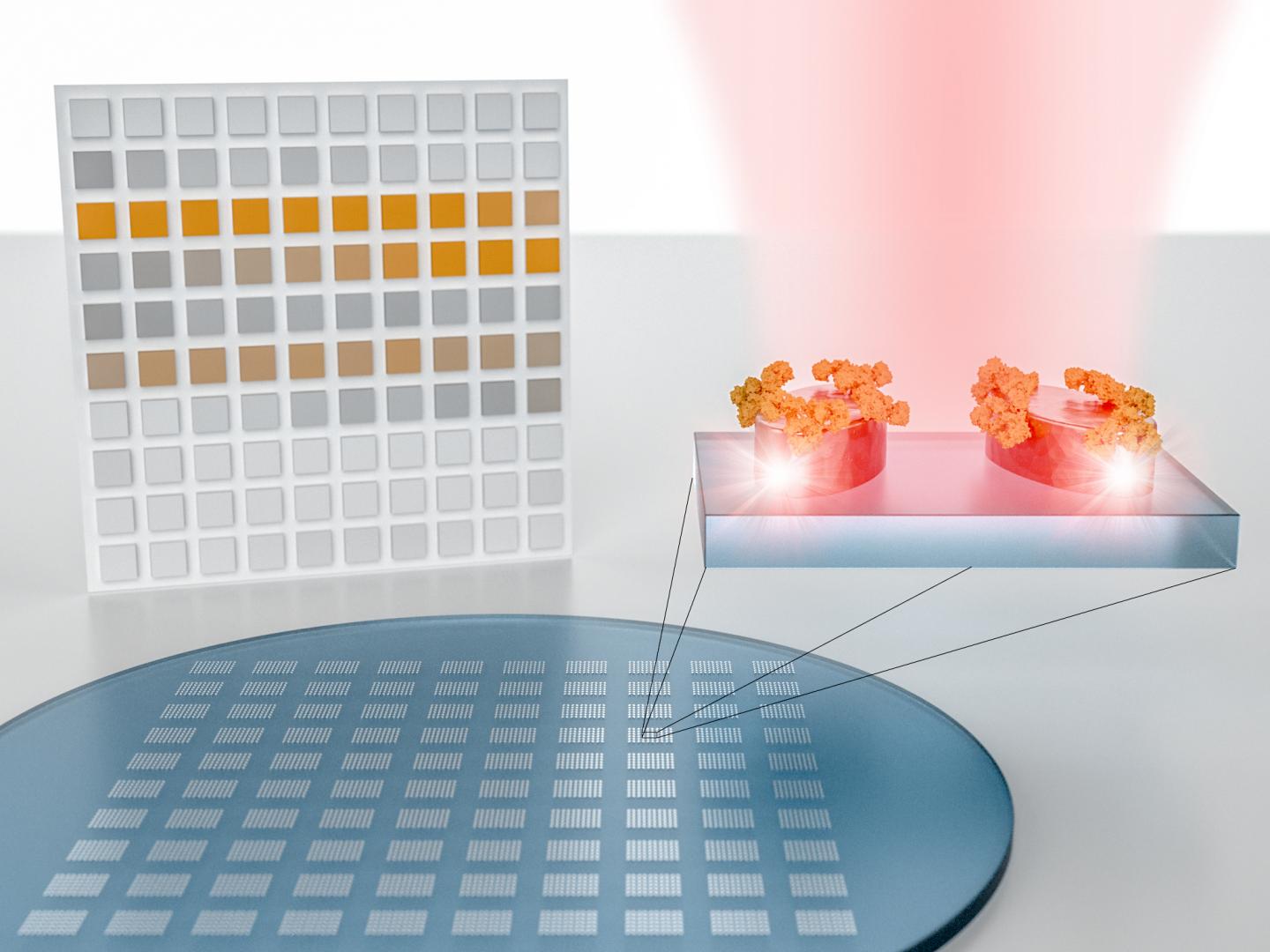 The authors show a pixelated sensor metasurface for molecular spectroscopy. It consists of metapixels designed to concentrate light into nanometer-sized volumes in order to amplify and detect the absorption fingerprint of analyte molecules at specific resonance wavelengths. Simultaneous imaging-based read-out of all metapixels provides a spatial map of the molecular absorption fingerprint sampled at the individual resonance wavelengths. This pixelated absorption map can be seen as a two-dimensional barcode of the molecular fingerprint, which encodes the characteristic absorption bands as distinct features of the resulting image. @ EPFL