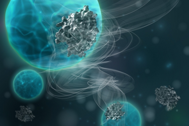 MIT engineers have designed nanoparticle sensors that can diagnose lung diseases. If a disease-associated protein is present in the lungs, the protein cleaves a gaseous molecule from the nanoparticle, and this gas can be detected in the patient’s breath. @ Cygny Malvar