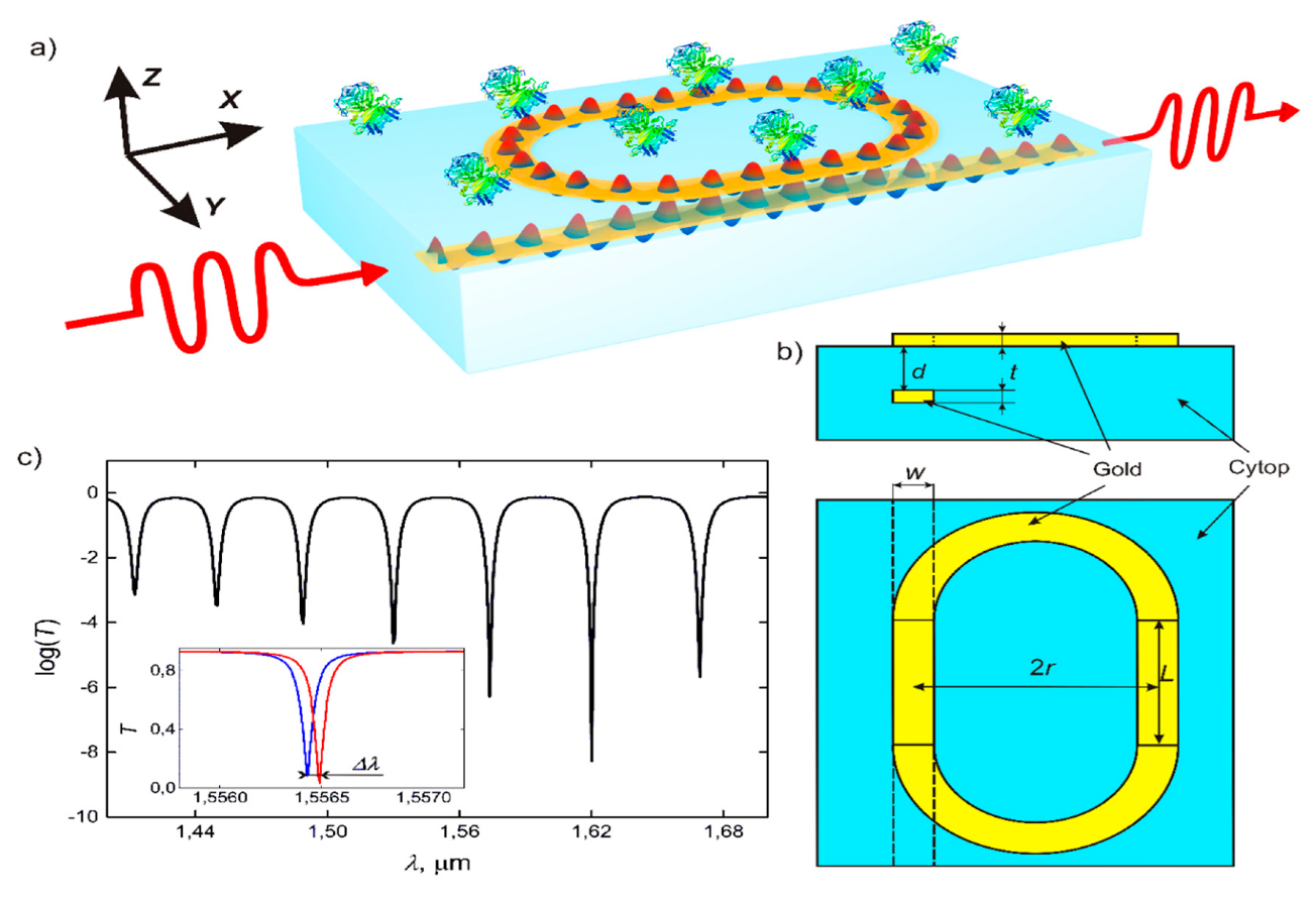 Biosensor layout (a, c). The waveguide is inside the dielectric substrate. The resonator, realized as a ring waveguide, is positioned at the interface between the dielectric material and the biological fluid that is analyzed. A change in the fluid’s refractive index shifts the resonant curve (b). @ Kirill Voronin et al./Sensors