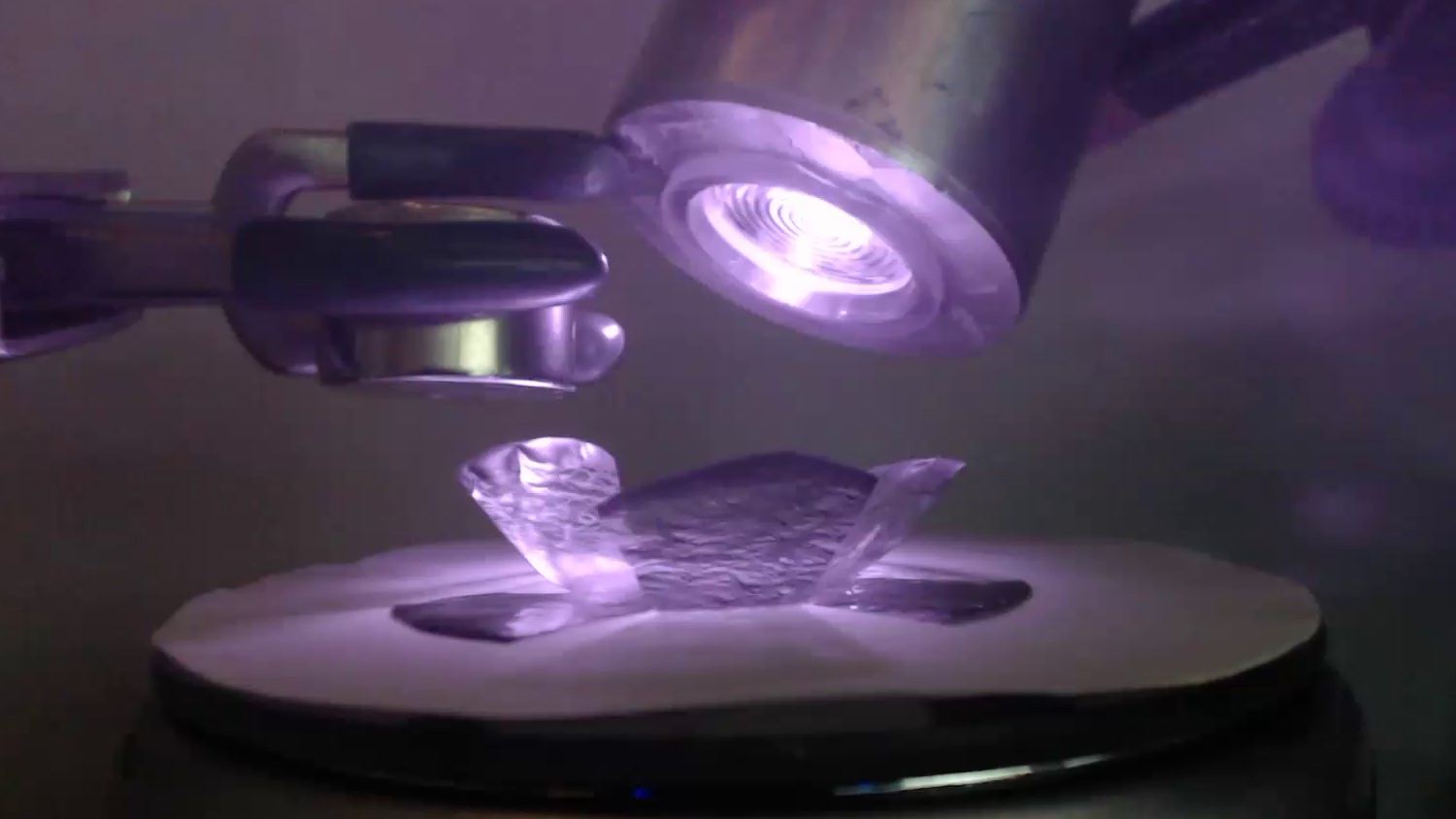 Rotation of a "flower" with six petals. Turning on the LED in sync with the rotation of every second petal beneath the magnet causes lifting of alternating petals, which remain lifted. @ Jessica A.-C. Liu.