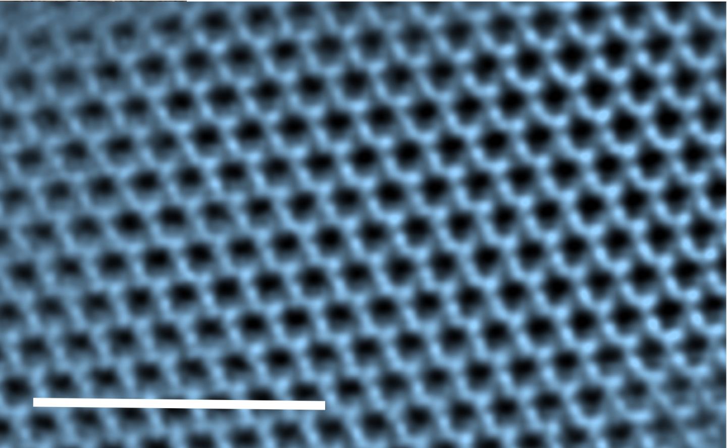 Hematene created by a Rice University-led team is the first known two-dimensional non-van der Waals material. The transmission electron image shows a single sheet of hematene. Scale bar equals 0.5 microns. @ Shyam Sinha and Peter van Aken/Max Planck Institute for Solid State Research, Stuttgart, Germany
