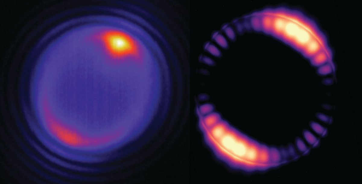 At left, a tiny bead struck by a laser (at the yellowish spot shown at the top of the image) produces optical modes that circulate around the interior of the bead (pinkish ring). At right, a simulation of how the optical field inside a 5-micron (5 millionths of a meter) bead is distributed. @ Angel Fernandez-Bravo/Berkeley Lab, Kaiyuan Yao
