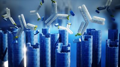 Artistic representation of the strategy adopted in the work. Antibodies, by binding to antigen-conjugated DNA tiles, induce the assembly of tubular nanoscale structures. @ Ella Marushchenko