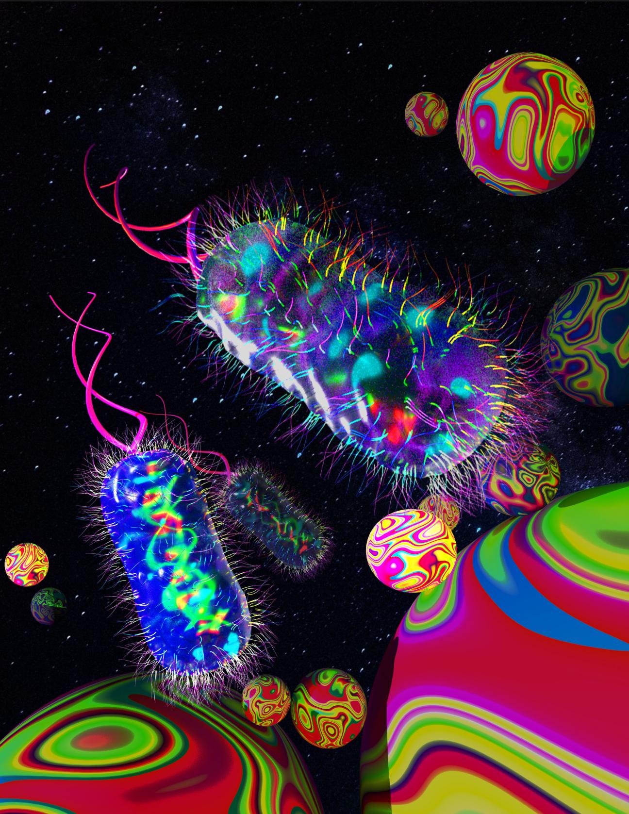 This image shows bacterial cells trapped in a 3D microbead matrix. @ Wenrong He/Rochester Institute of Technology.
