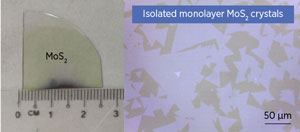 Two-dimensional monolayer MoS2 was grown on sapphire (left). The optical microscope image on the right shows isolated monolayer MoS2 crystals at the periphery of the film. @ A*STAR