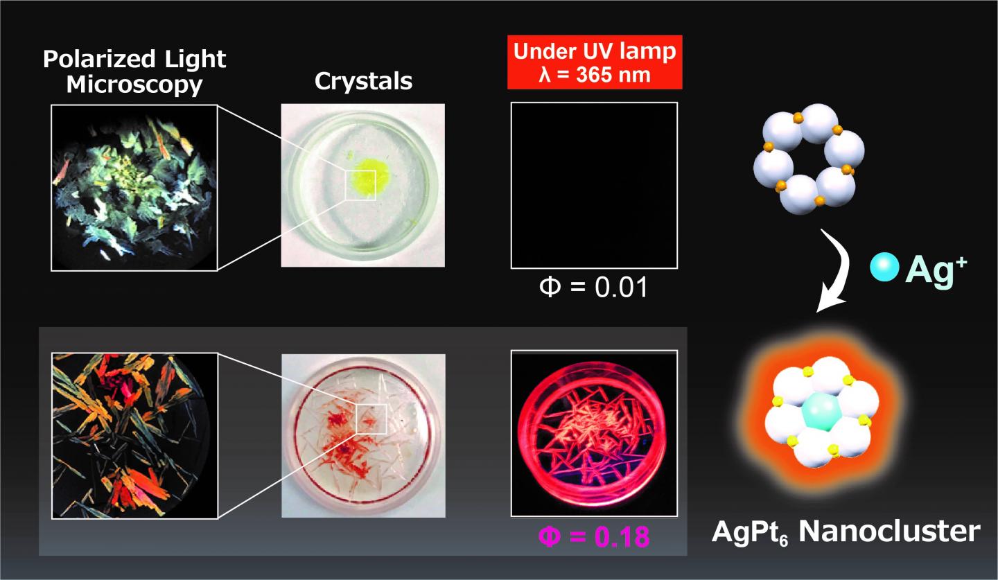 Crystals of the silver doped complex showed bright red photoluminescence under UV light