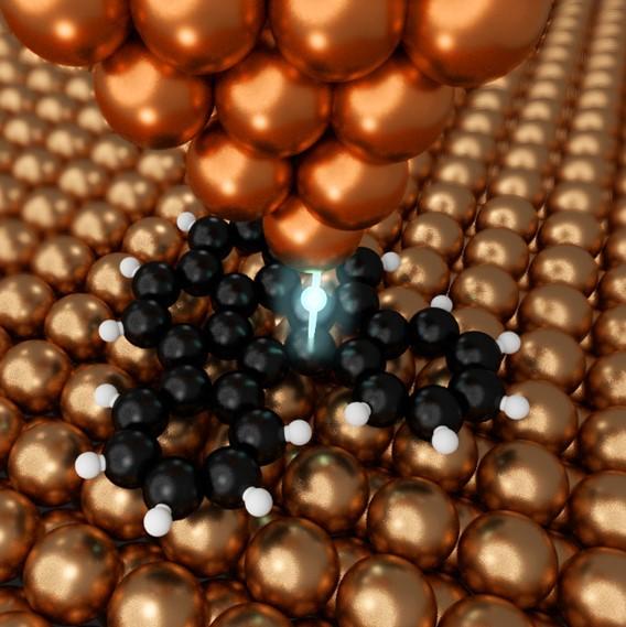 The copper probe can manipulate matter at the atomic scale.